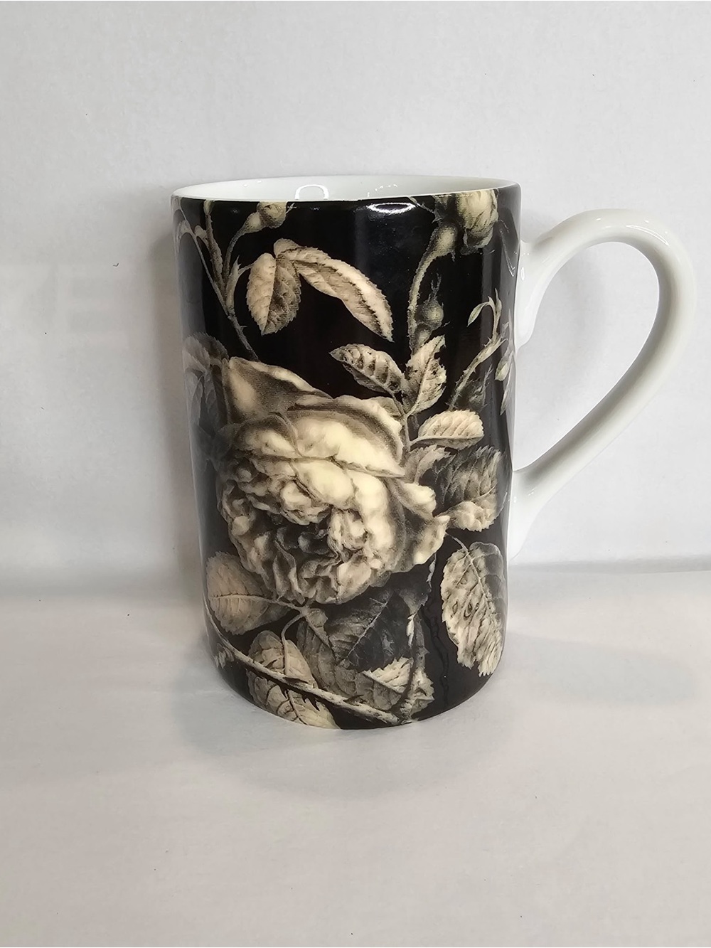 Hallmark Porcelain Coffee Mug/Cup Black with Creamy White Cabbage Roses 8 oz.